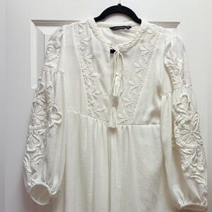 Zara Cream Midi Dress with Embroidered Details